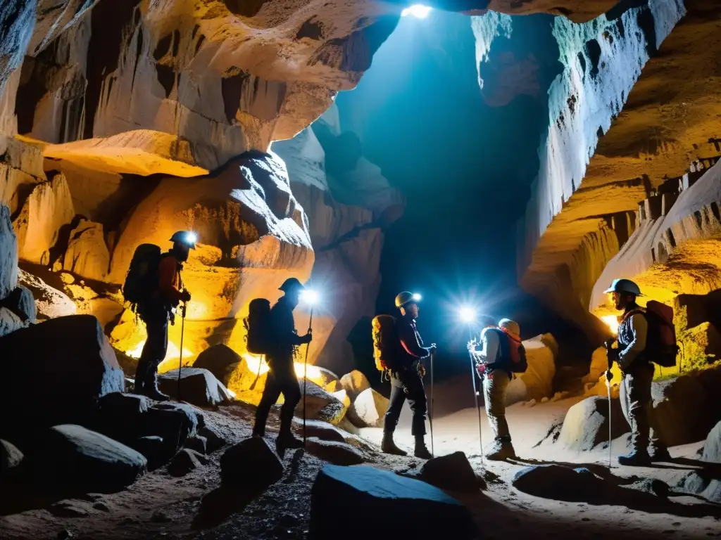 Exploración subterránea: Descubriendo secretos en cuevas Exploradores con cascos y linternas exploran una cueva subterránea, destacando la importancia de los protocolos seguridad aventura subterránea