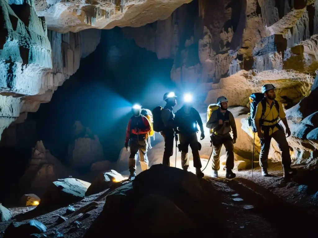 Exploradores con cascos y linternas descienden a una cueva subterránea, mostrando sistemas anticaídas para exploradores subterráneos