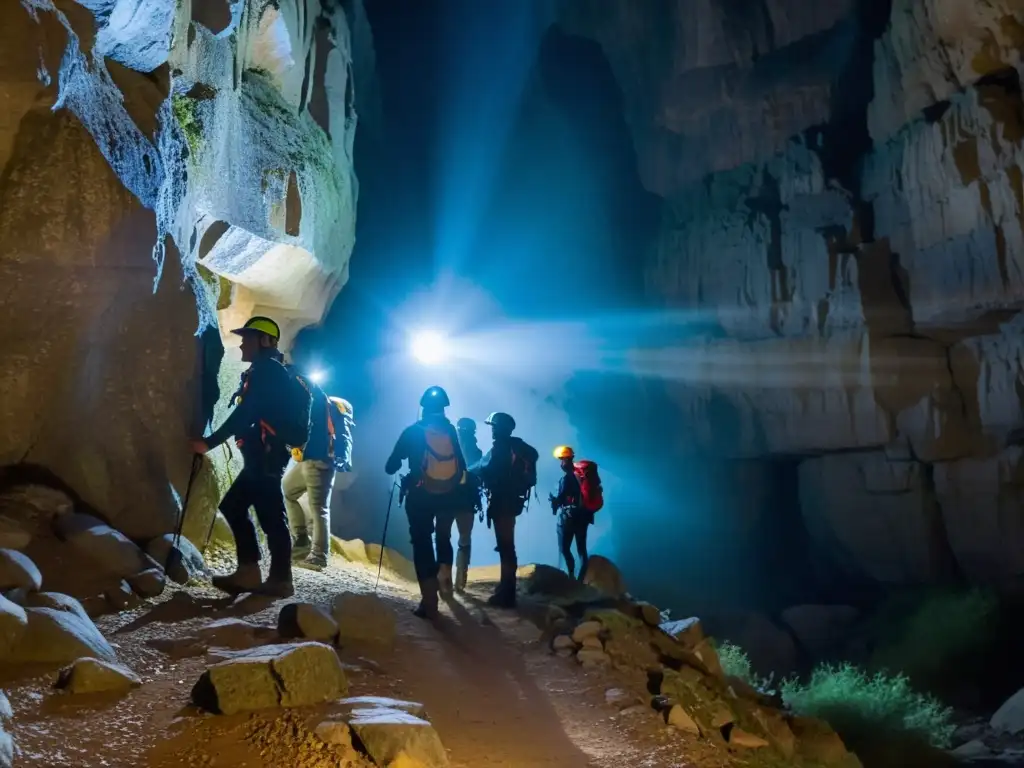 Exploradores con cascos y linternas recorren el Gran Sótano del Barro en México, iluminando el camino en este impresionante sistema de cuevas