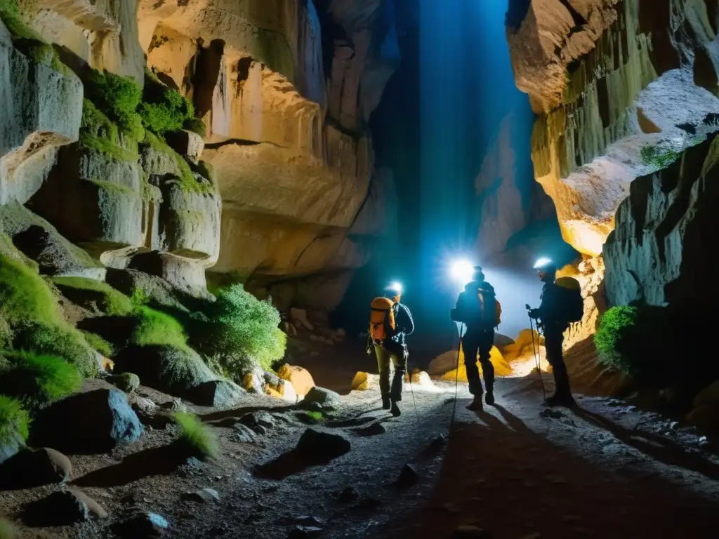 Exploradores con cascos y linternas en el Gran Sótano del Barro en México, explorando pasajes subterráneos con formaciones rocosas impresionantes