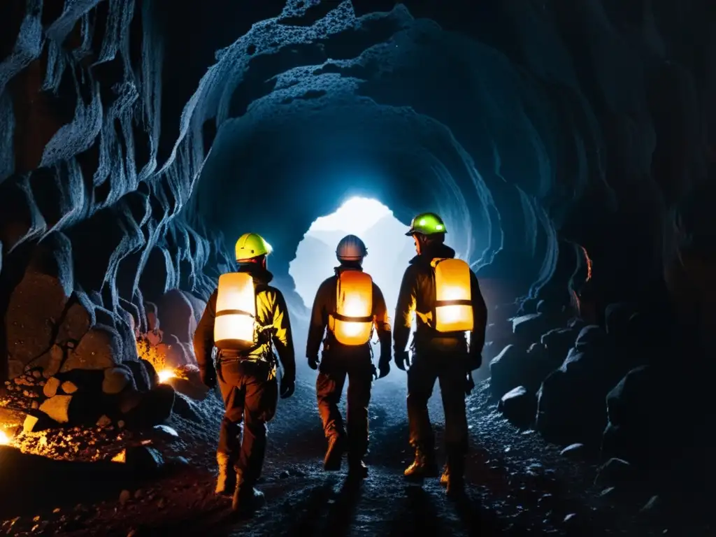 Exploradores con cascos y linternas en túnel de lava islandés, creando una experiencia única en un entorno misterioso y cautivador