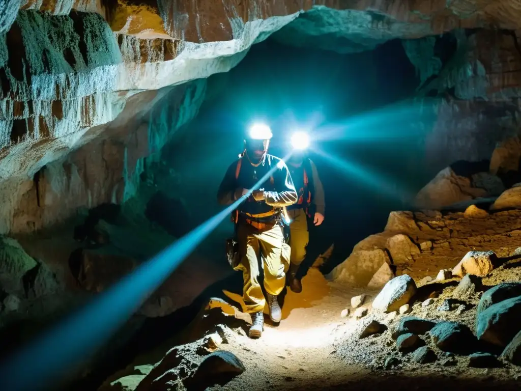 Exploradores con cascos y linternas exploran una ruta subterránea en las grutas Skocjan, creando una atmósfera de aventura y descubrimiento