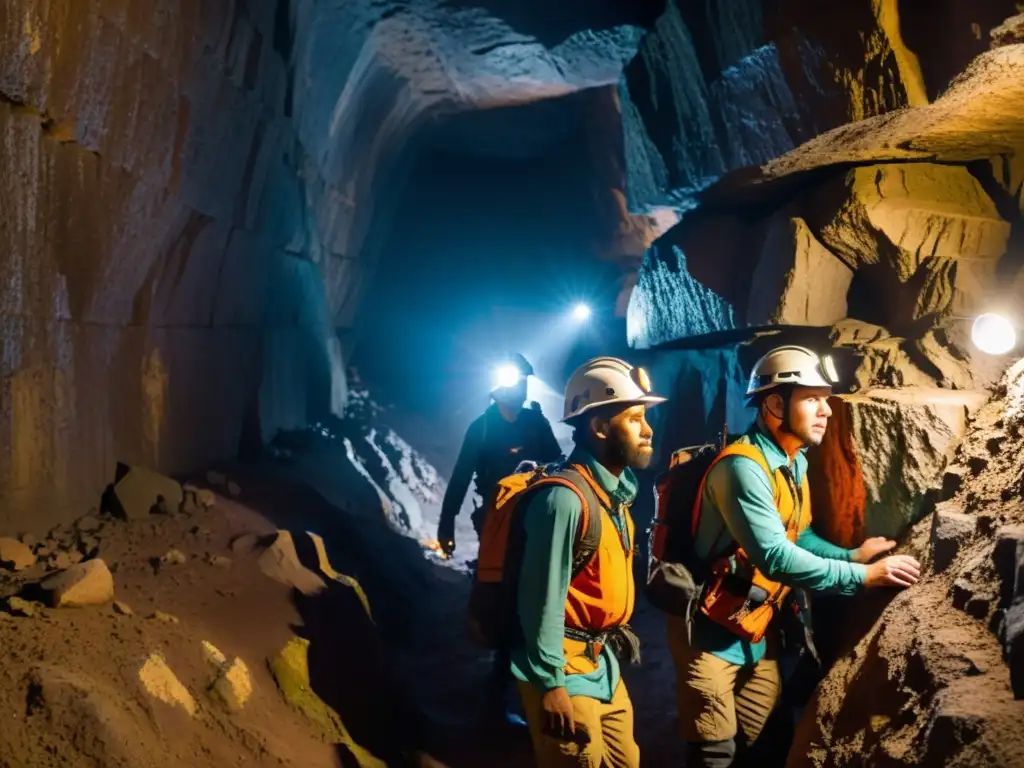 Expedición subterránea: exploradores en túnel misterioso Exploradores con cascos y linternas en un túnel subterráneo, iluminando las rocas mientras exploran minas históricas