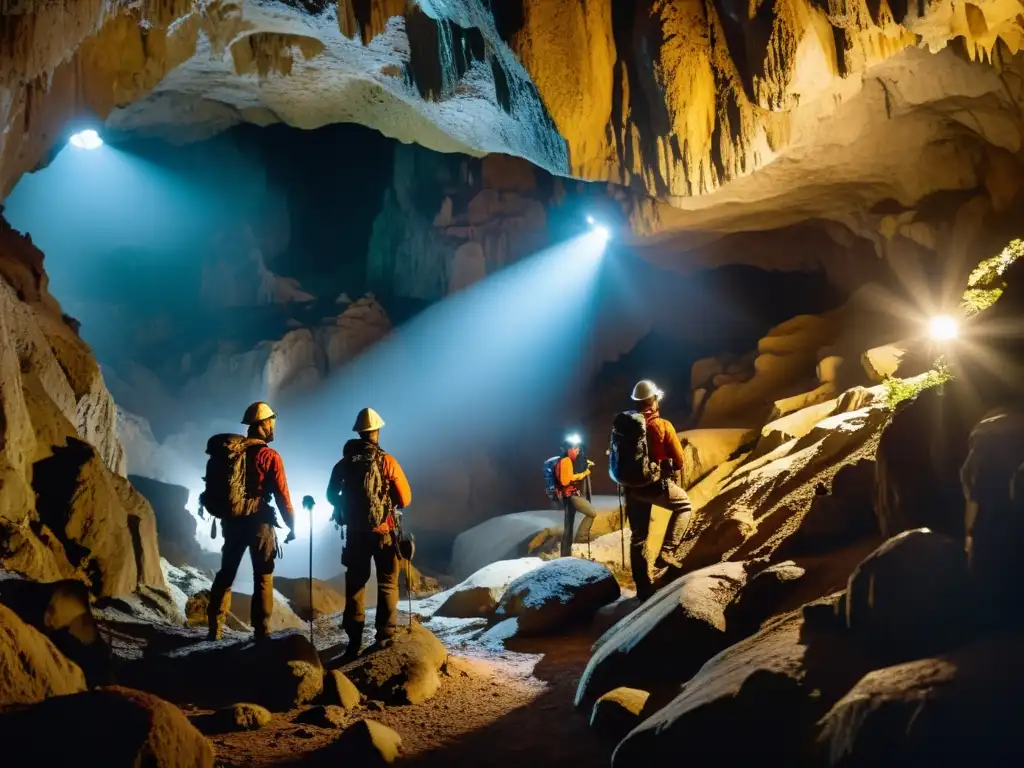 Exploradores cautelosos documentando descubrimientos en cavernas históricas libros, entre estalactitas y estalagmitas