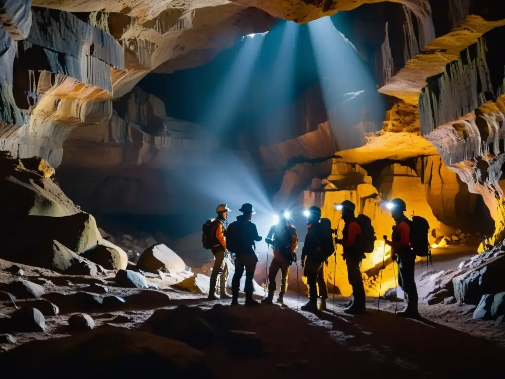 Exploradores en caverna con equipos de comunicación para espeleólogos, desafiando la oscuridad entre formaciones rocosas impresionantes