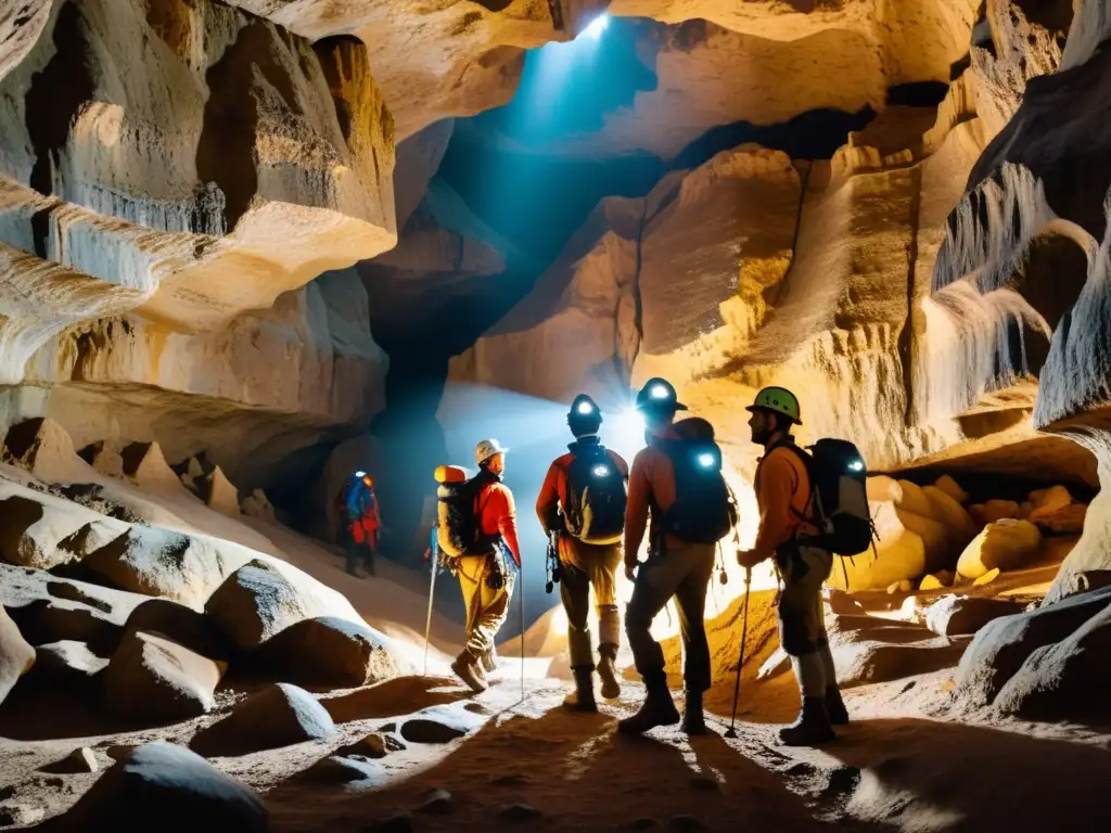 Exploradores iluminando caverna histórica con servicios de guía en cavernas históricas