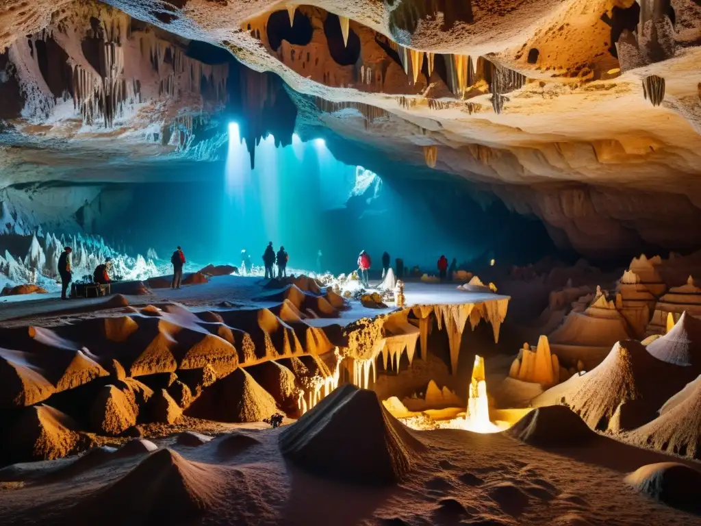 Exploradores en caverna iluminada por luz natural, resaltando la belleza subterránea y la aventura de tours únicos túneles cavernas olvidadas