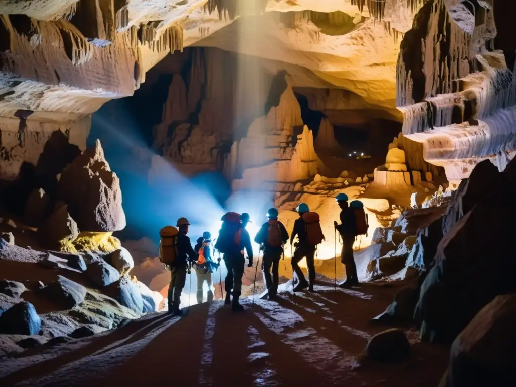 Exploradores descienden en caverna, iluminados por sus linternas