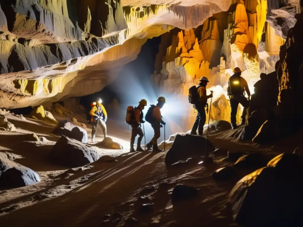 Exploradores en caverna subterránea iluminada, descubriendo tesoros históricos