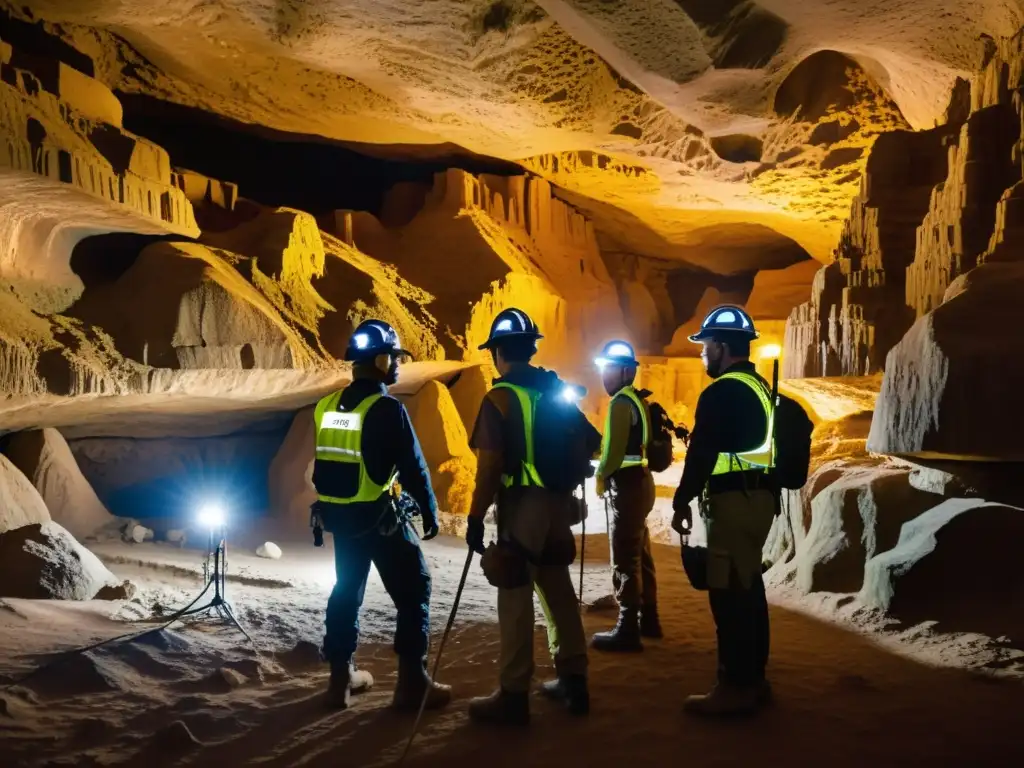 Exploradores en caverna subterránea iluminada, mapeando antiguas estructuras