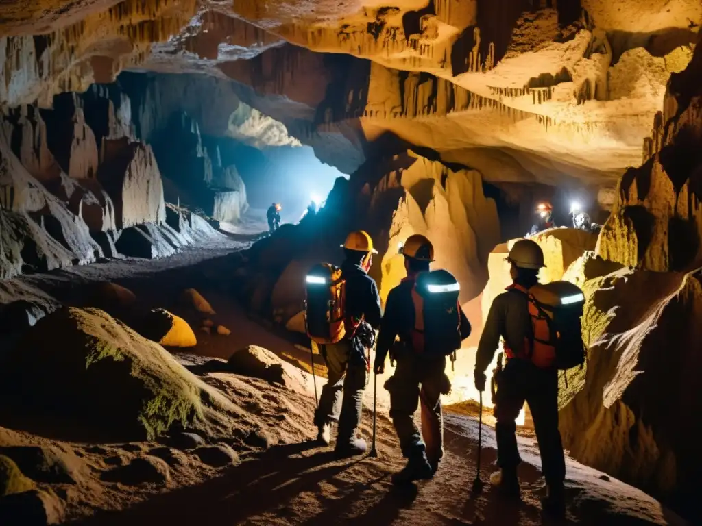 Exploradores con cinturones y arneses aventuran en cueva subterránea, iluminados por lámparas de cabeza, entre estalactitas y estalagmitas