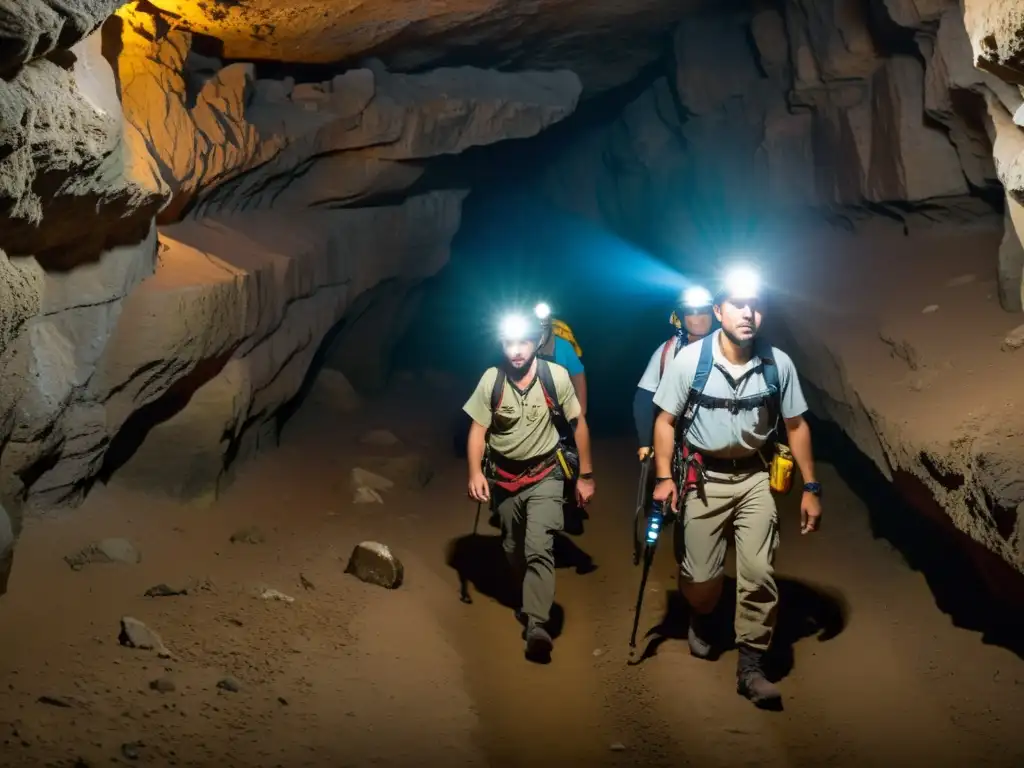 Exploradores con cinturones, arneses y headlamps, exploran una cueva subterránea, revelando formaciones geológicas