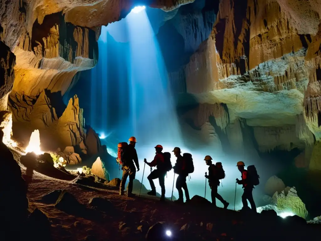 Exploradores en cueva con cascos de espeleología de alta calidad, iluminando formaciones rocosas impresionantes