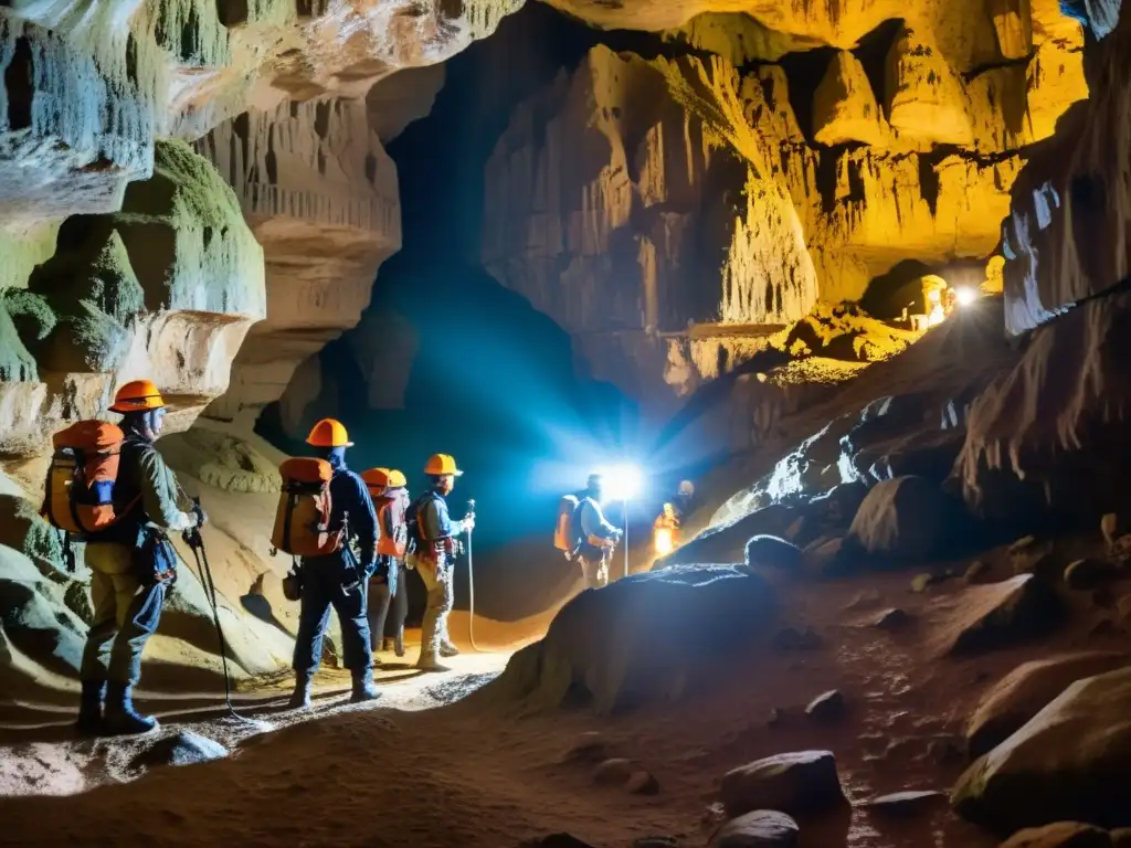 Exploradores en cueva estrecha con estalactitas y estalagmitas, documentando el proceso legal para explorar cavernas