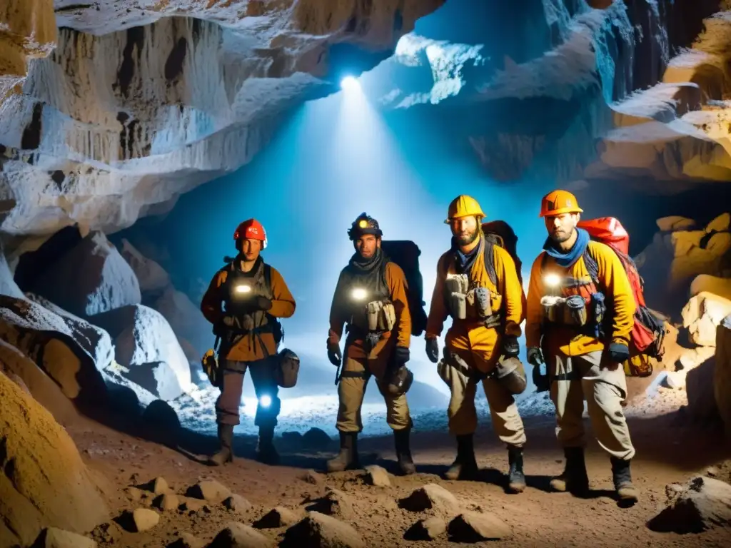 Exploradores en cueva estrecha, iluminados por linternas frontales