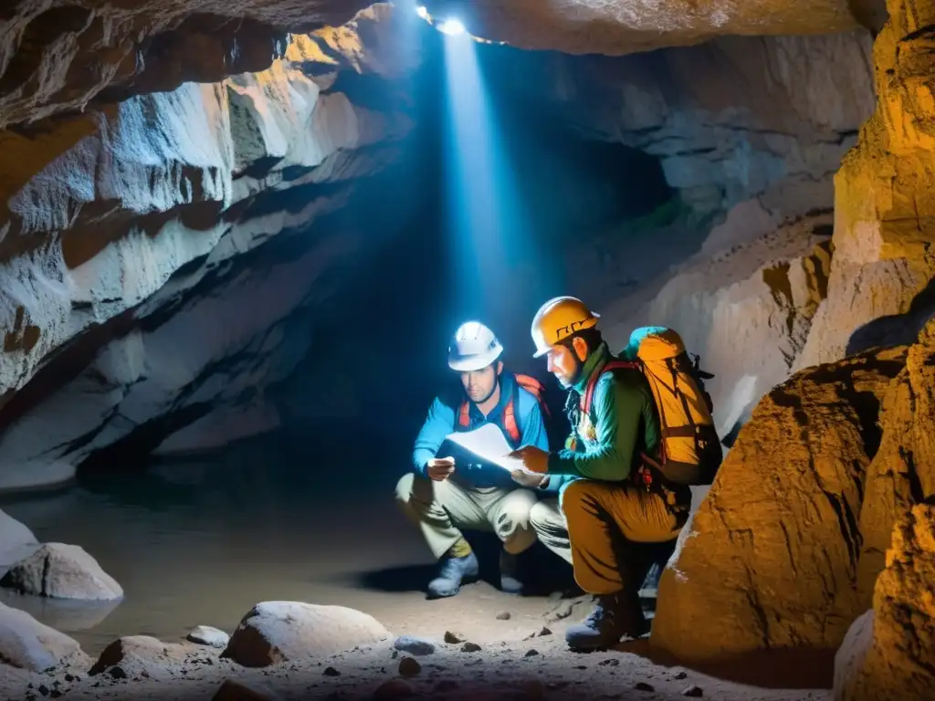 Exploradores en cueva iluminada por lámparas frontales, resaltando la importancia de la nutrición para exploraciones subterráneas largas