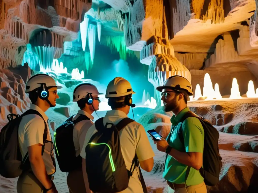 Exploradores en cueva iluminada por realidad aumentada para exploración subterránea