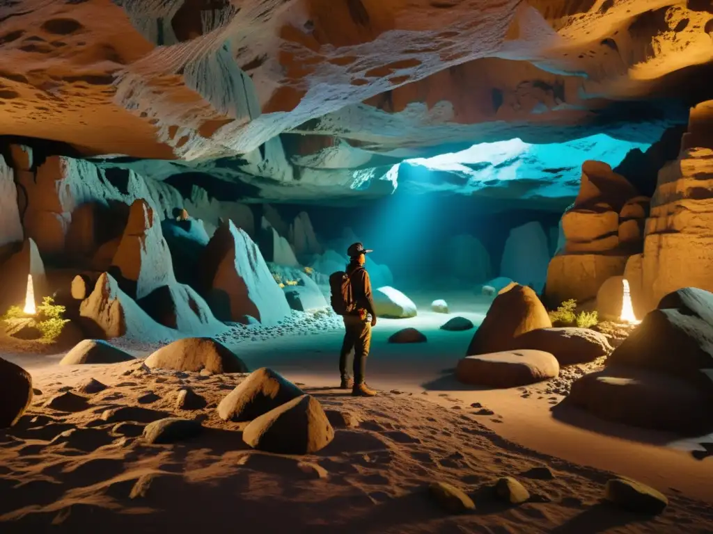 Exploradores en cueva iluminada por realidad aumentada