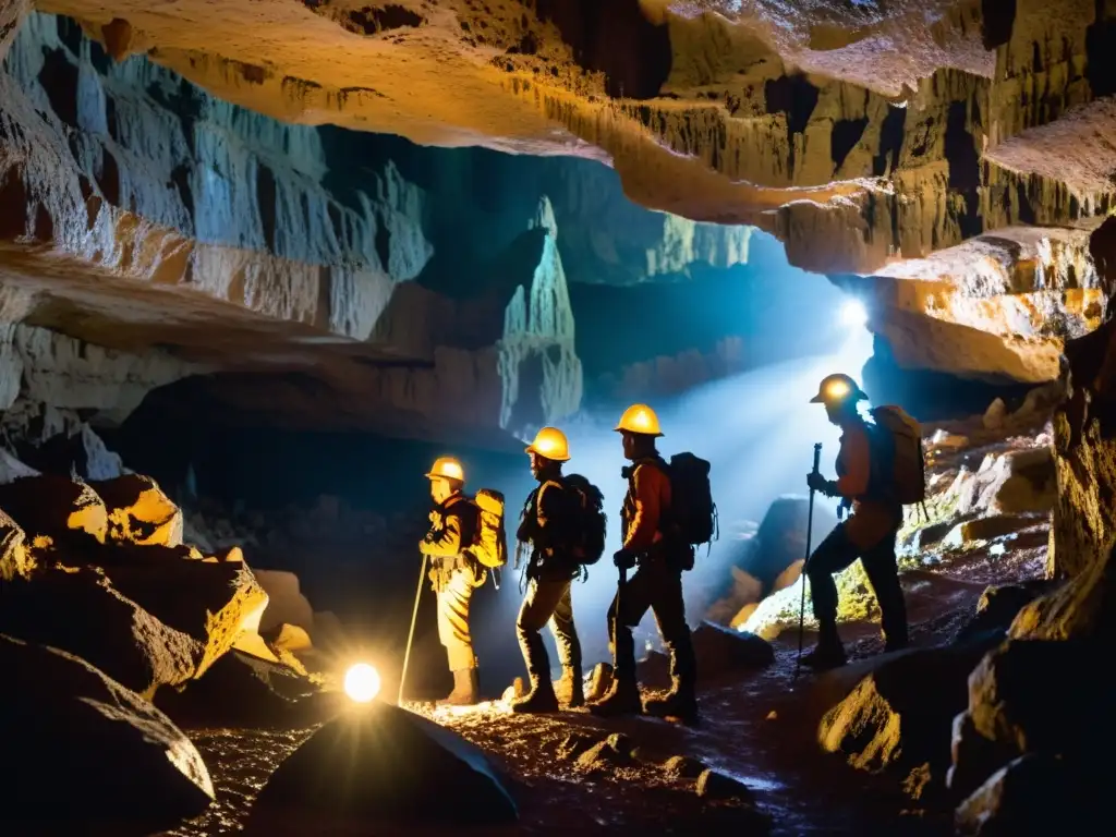 Exploradores en cueva iluminados por sus lámparas, descubriendo las maravillas del mundo subterráneo