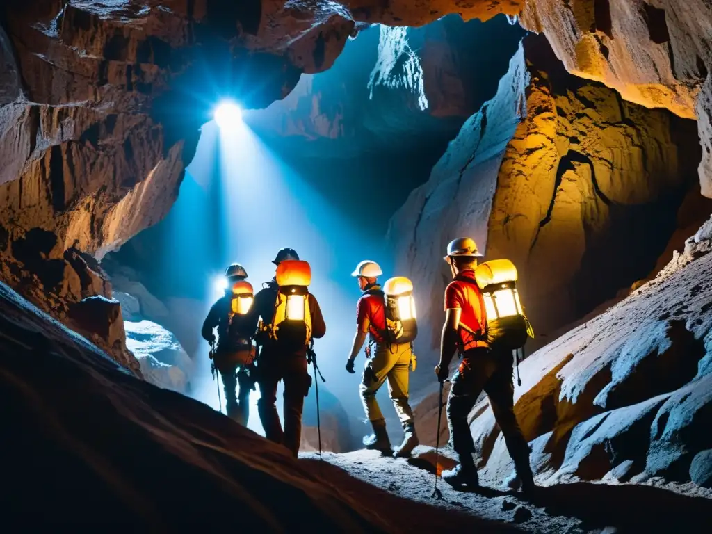 Exploradores descienden en cueva con sistemas anticaídas para exploradores subterráneos, iluminados por lámparas frontales