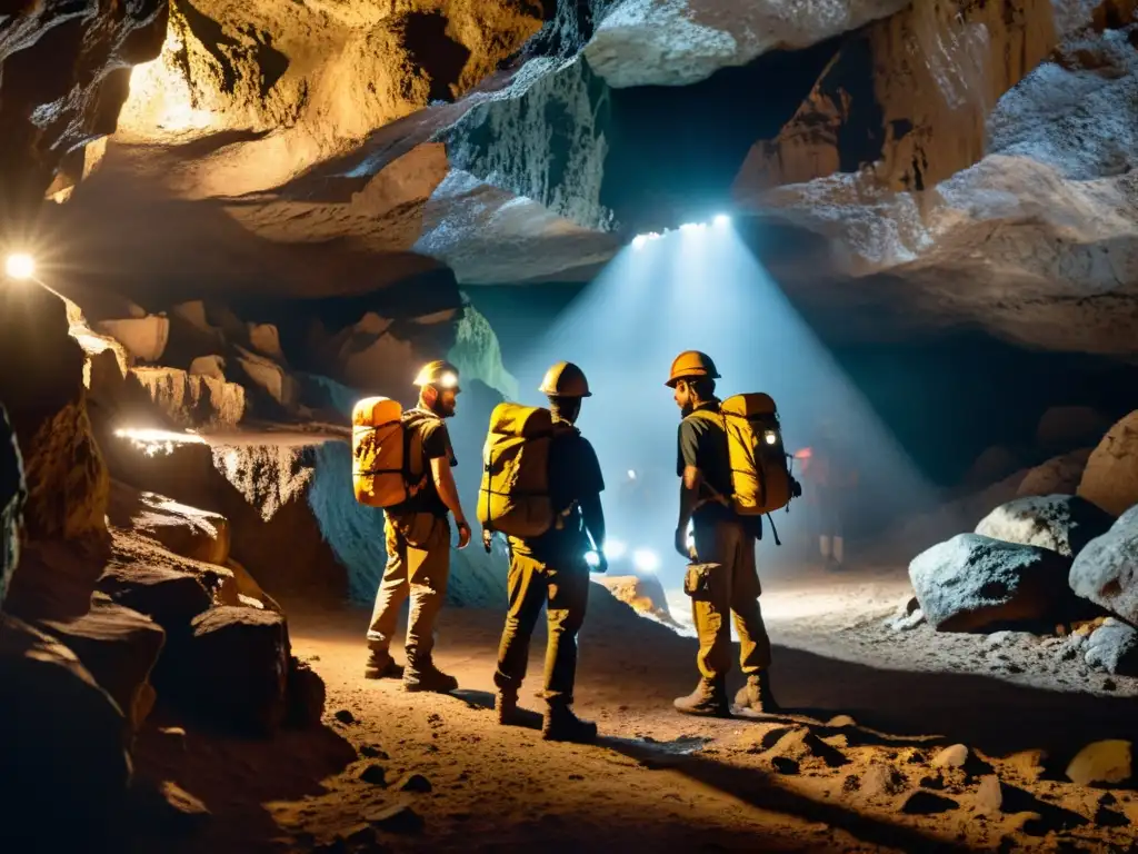 Exploradores en cueva subterránea con dispositivos de navegación especializados, creando atmósfera de aventura y descubrimiento