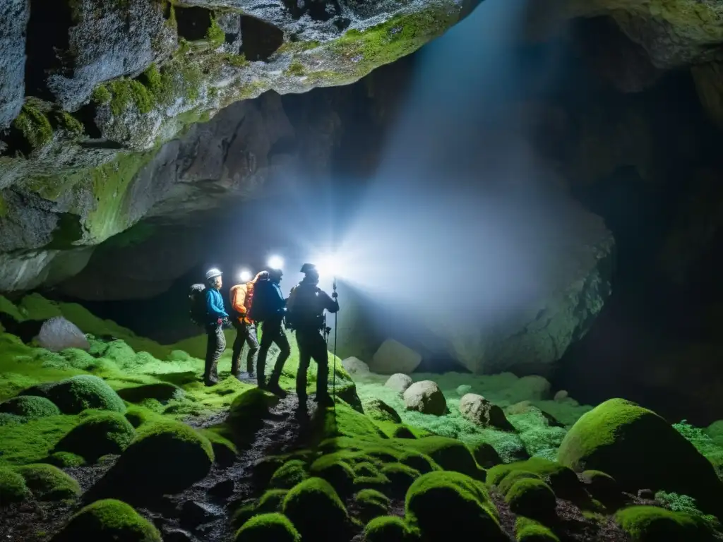 Exploradores descendiendo a una cueva subterránea con equipo fotográfico resistente, capturando la belleza subterránea