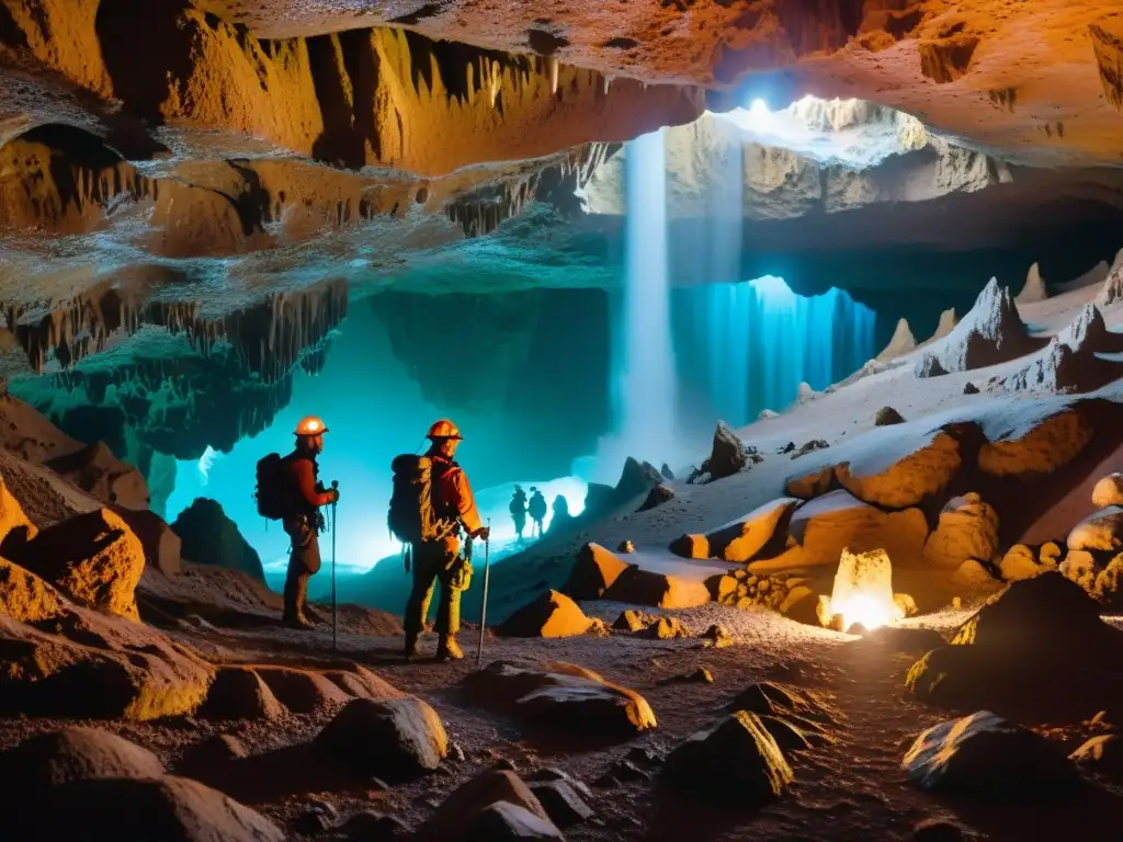 Exploradores en una cueva subterránea iluminada por luz cálida, con formaciones rocosas