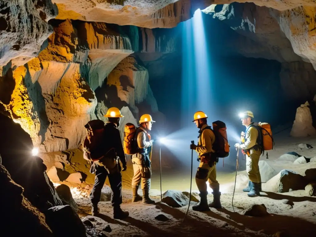 Exploradores en una cueva subterránea, iluminados por lámparas frontales, rodeados de estalactitas y estalagmitas