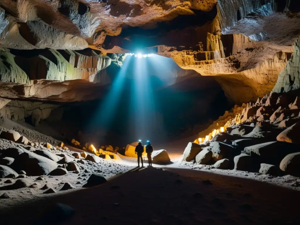 Exploradores iluminan cueva subterránea con las mejores cámaras de video para cuevas, revelando su misteriosa belleza en la penumbra