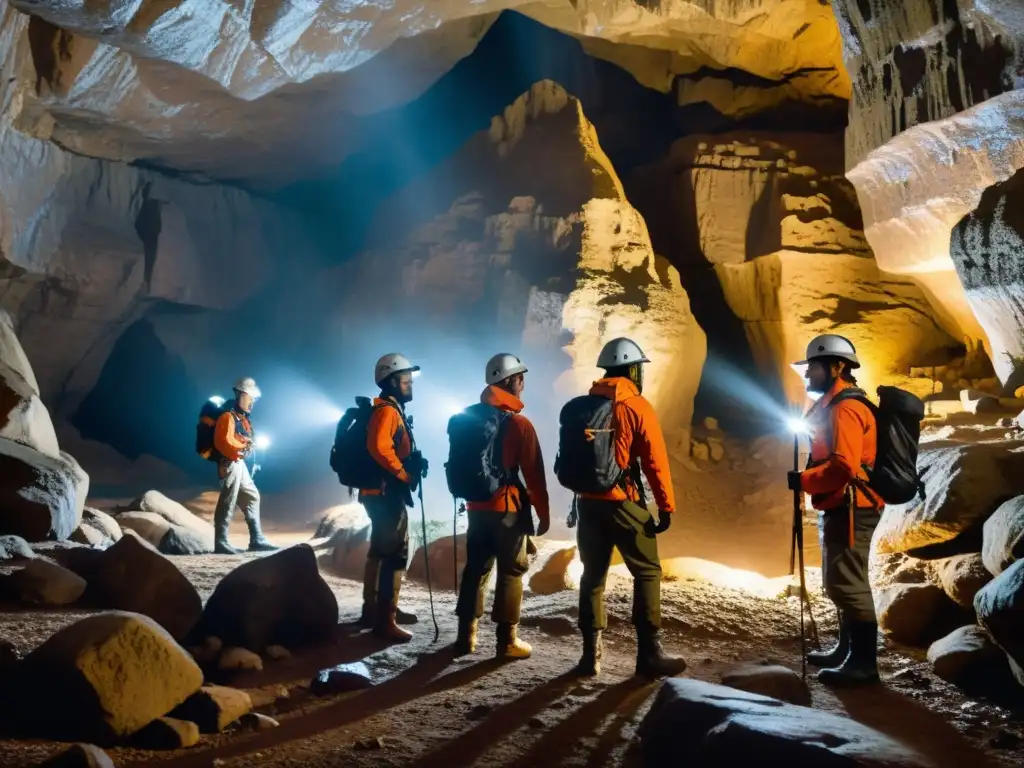 Exploradores subterráneos con equipos resistentes a la humedad Exploradores en cueva subterránea con mejores chaquetas resistir humedad, iluminados por lámparas, observando formaciones rocosas antiguas
