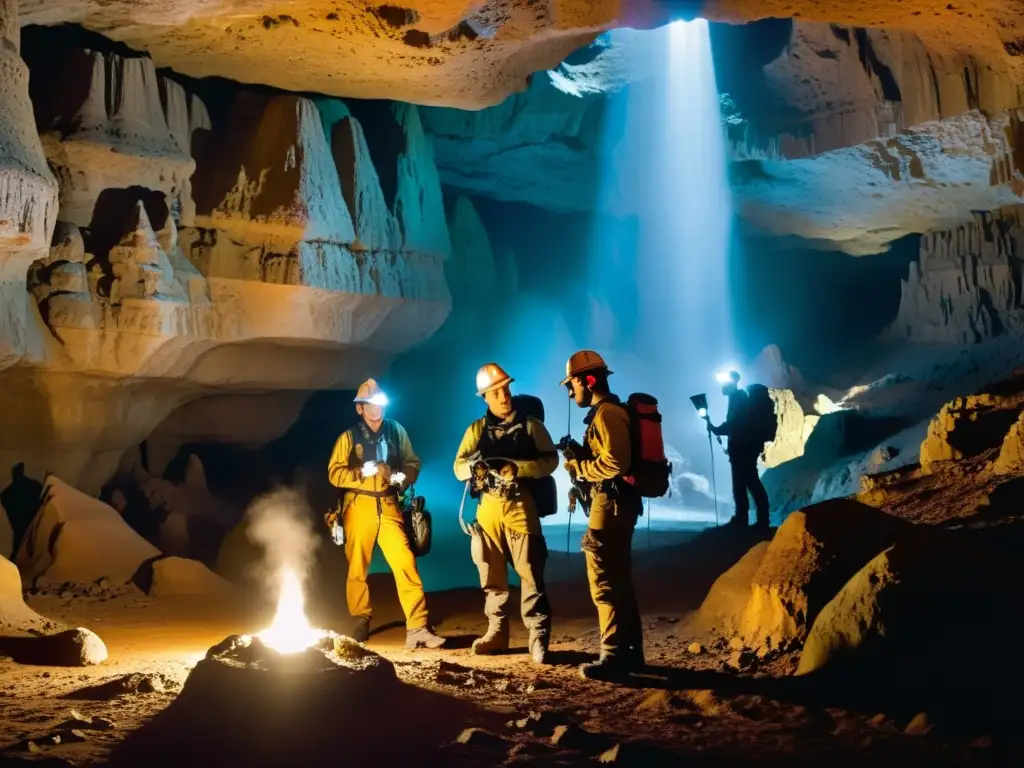 Exploradores en cueva subterránea con monitores de gases peligrosos, cautela y determinación