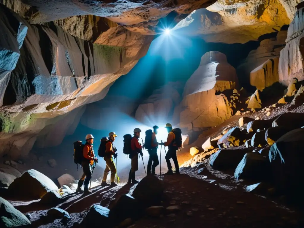 Exploradores descendiendo a una cueva subterránea, iluminando la oscuridad y destacando la belleza natural