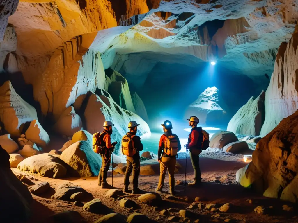 Exploradores en cueva subterránea con realidad aumentada, descubriendo maravillas naturales