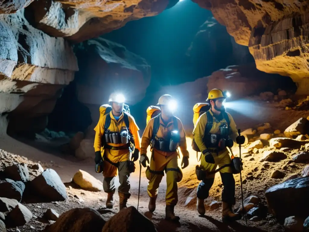 Exploradores en cueva subterránea con vestimenta para exploración subterránea, iluminados por linternas mientras exploran pasaje rocoso