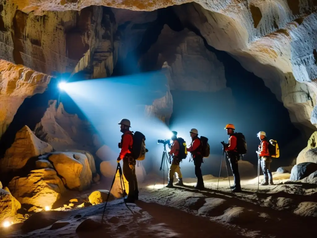 Exploradores de cuevas con cámaras de alto rendimiento para espeleología, iluminando pasadizos estrechos en una cueva misteriosa