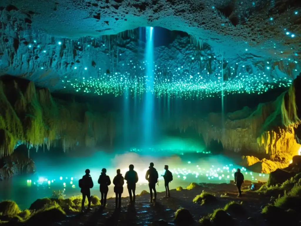 Exploradores en cuevas Waitomo iluminadas por luciérnagas nocturnas