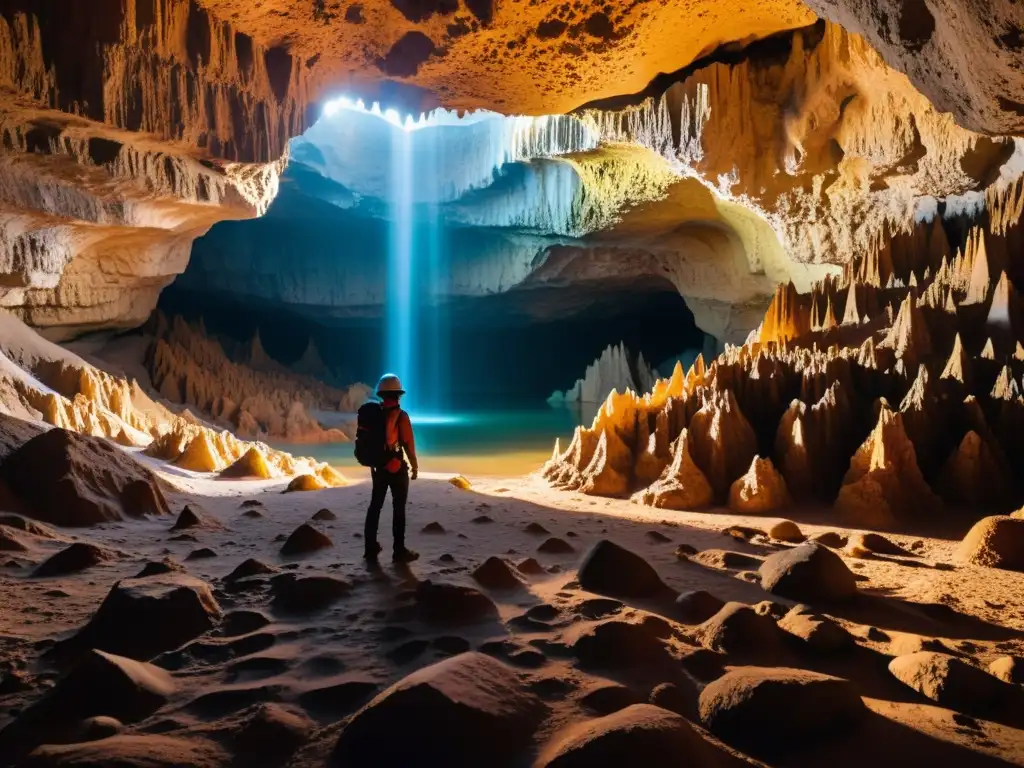 Exploradores admirando destinos subterráneos asombrosos viajeros intrépidos en una cueva iluminada por suave luz cálida