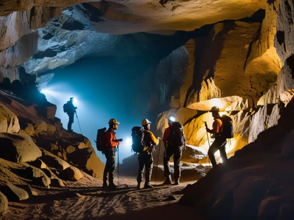 Exploradores con headlamps y dispositivos GPS recorren cuevas subterráneas, destacando su dependencia en la exploración