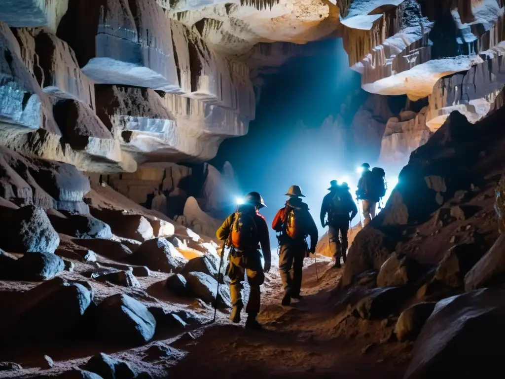 Exploradores con dispositivos GPS para exploración subterránea, navegando en cueva oscura con formaciones rocosas