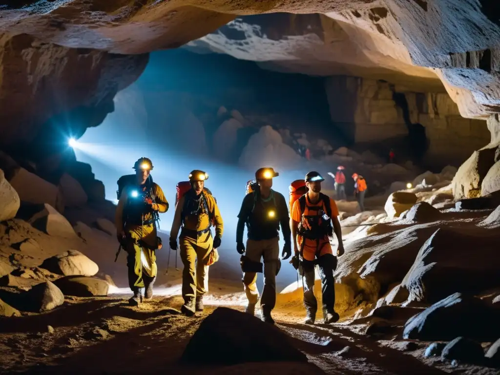 Exploradores con dispositivos GPS para exploración subterránea, iluminando una cueva oscura con determinación y asombro