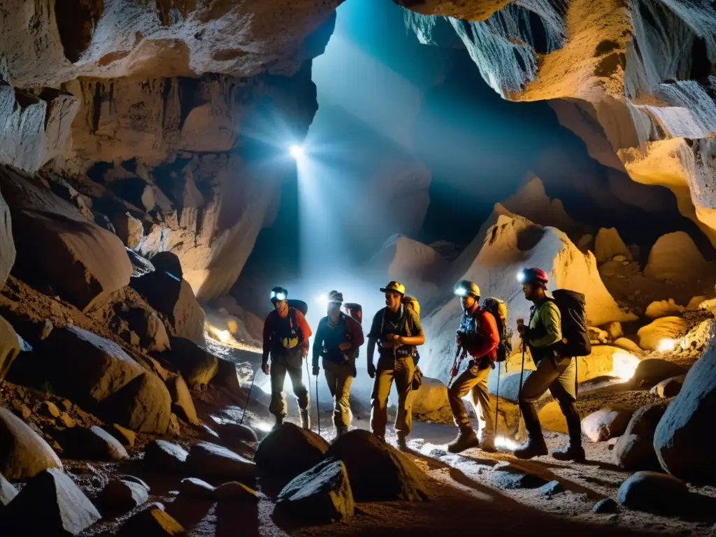 Exploradores con dispositivos de navegación subterránea especializados explorando una cueva oscura y rocosa