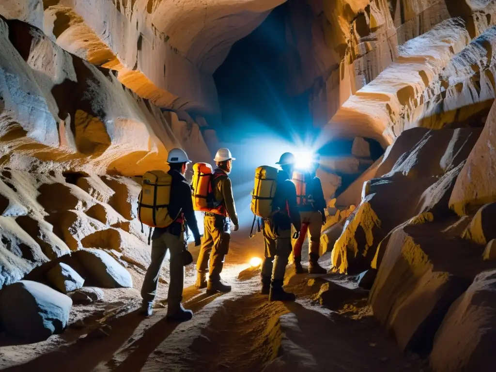 Exploradores con dispositivos GPS para exploración subterránea iluminan túneles rocosos con sus lámparas, creando un ambiente misterioso y emocionante