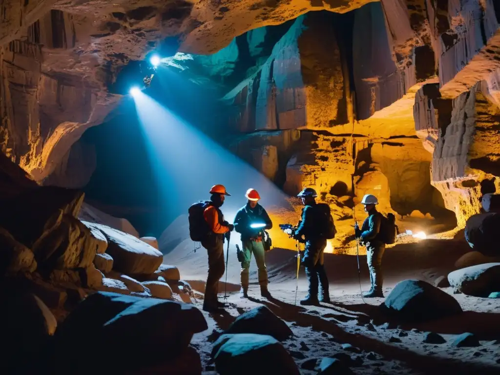 Exploradores maniobran drones en caverna subterránea, iluminando formaciones rocosas