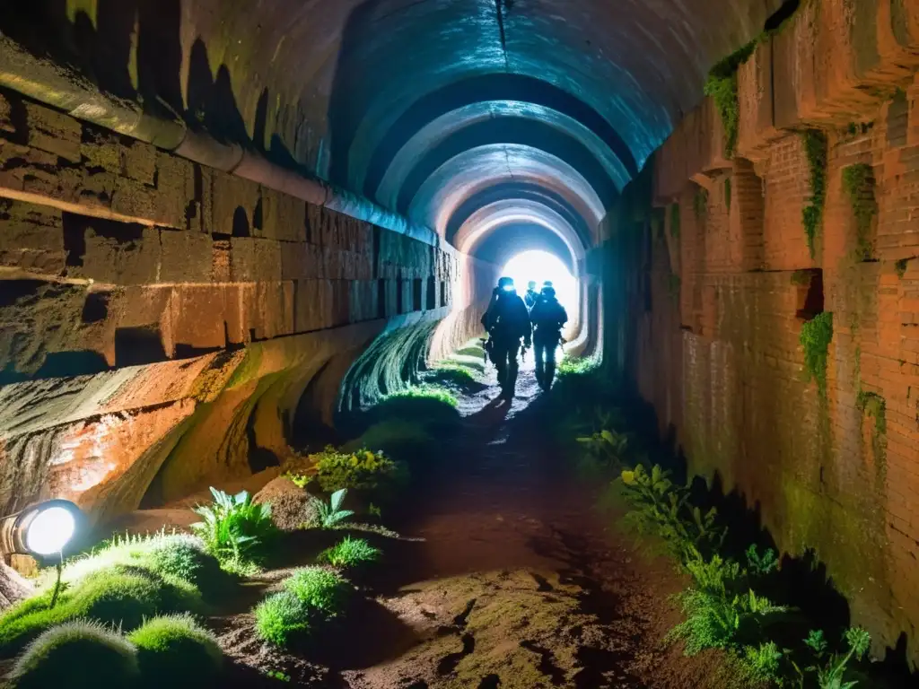 Exploradores equipados con cascos, linternas frontales, botas y ropa protectora, exploran un túnel subterráneo iluminado por sus linternas