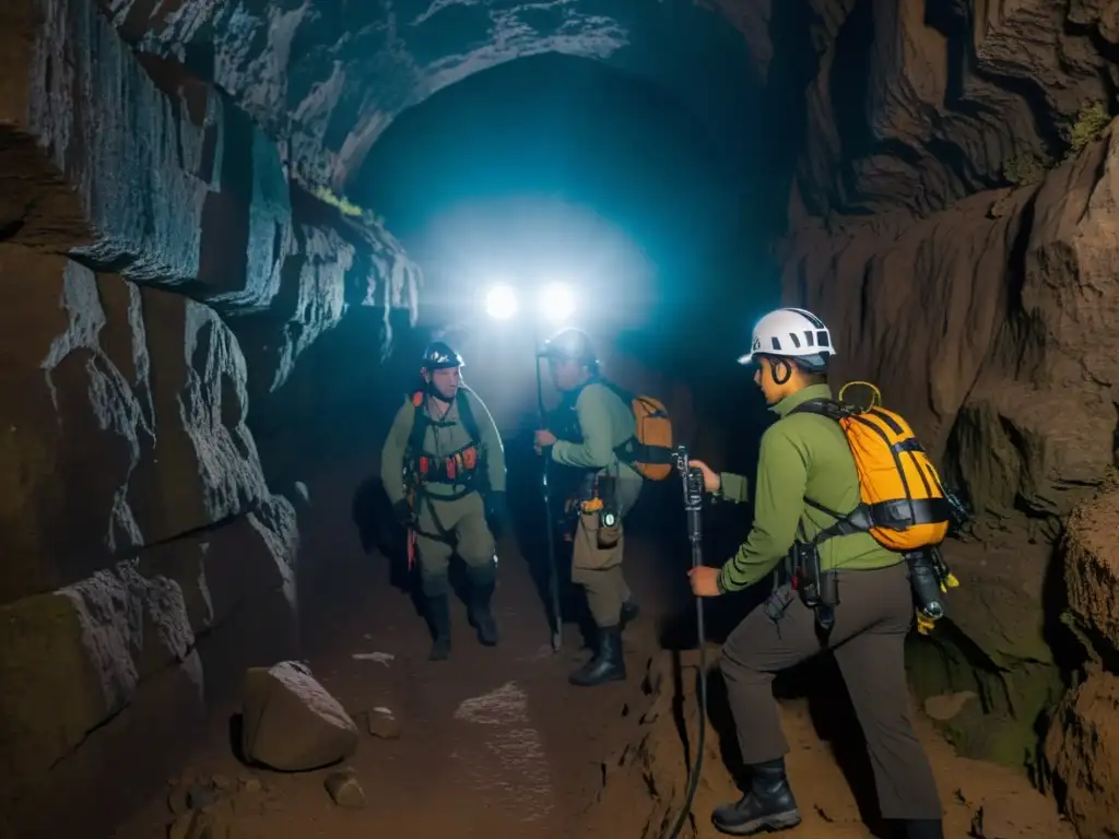 Exploradores intrépidos en la cueva Exploradores equipados con cascos y linternas exploran un túnel subterráneo, transmitiendo determinación y preparación en la exploración de túneles