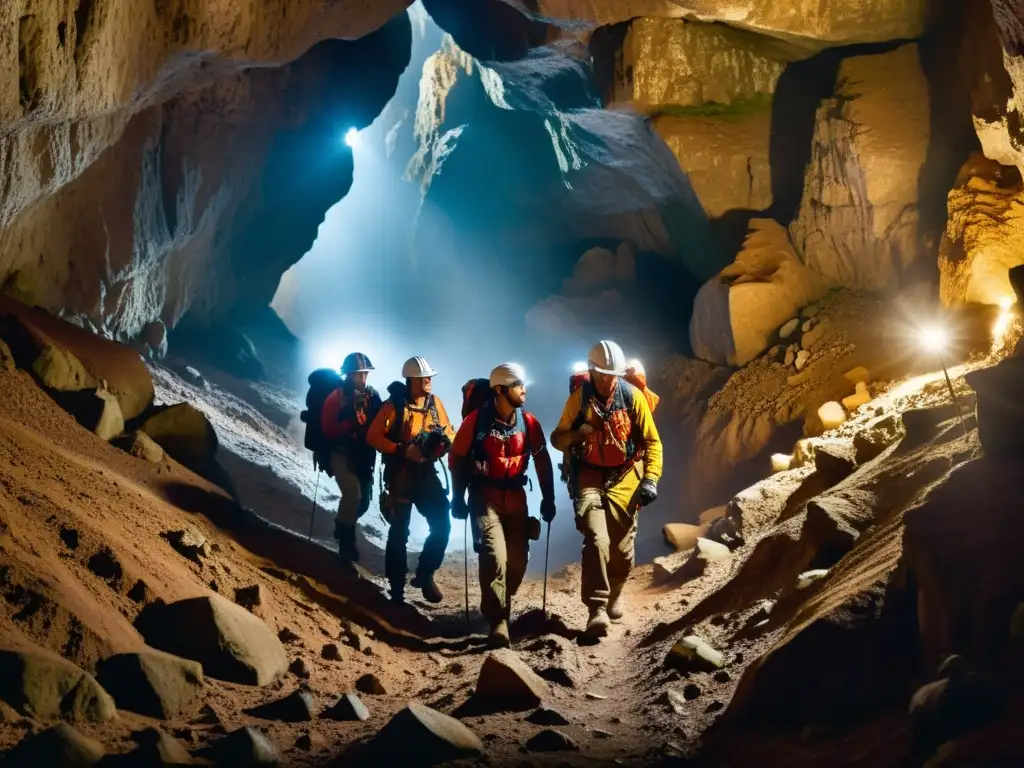 Exploradores equipados con cascos y linternas, explorando una cueva subterránea