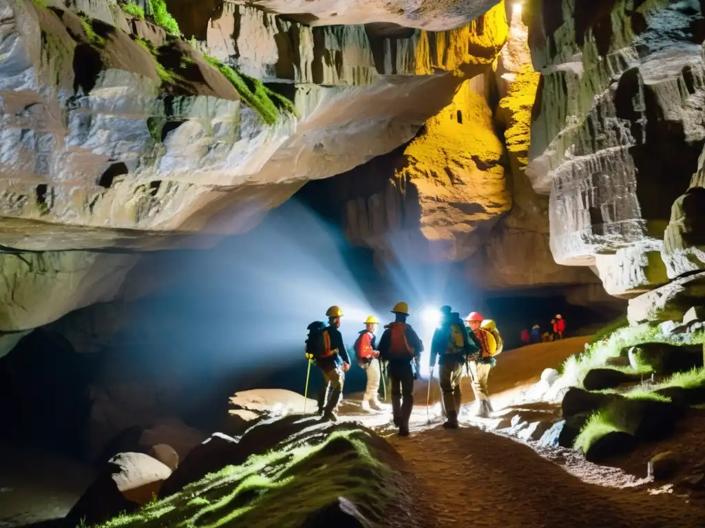 Exploradores equipados con cinturones, arneses y linternas, exploran una cueva subterránea llena de formaciones minerales brillantes