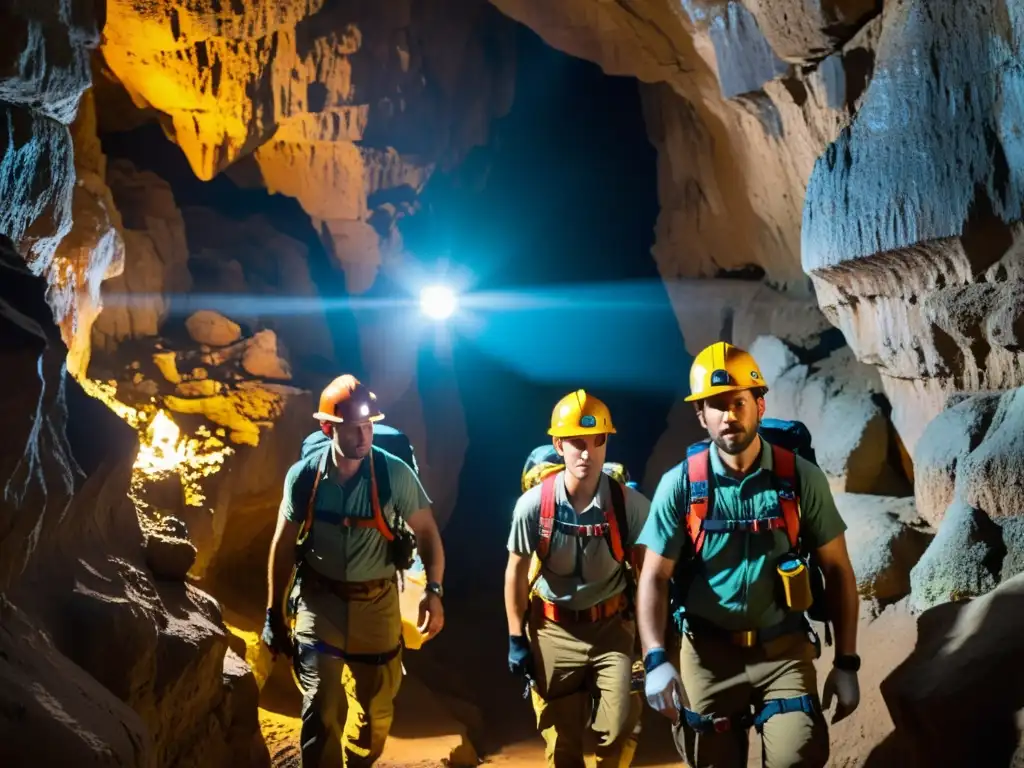 Exploradores equipados con cinturones y arneses exploran una cueva subterránea, iluminando las rocas con sus lámparas frontales