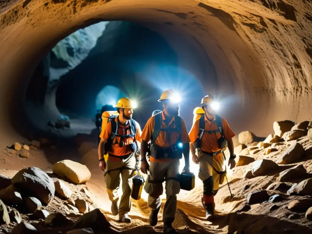 Exploradores equipados con dispositivos de navegación subterránea especializados, iluminando cuidadosamente un túnel subterráneo