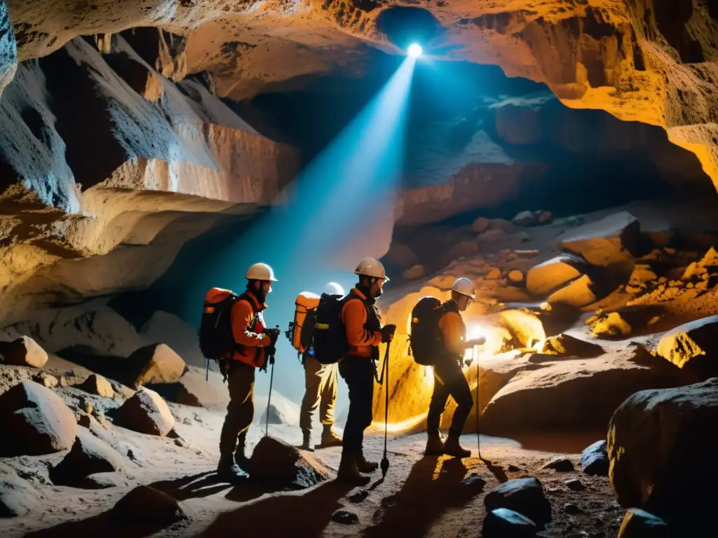 Exploradores equipados con dispositivos de navegación subterránea especializados, adentrándose en una intrincada cueva subterránea